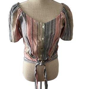 NWT DREW Linen Blend Pastel Rainbow Striped Crop waist Tie Top